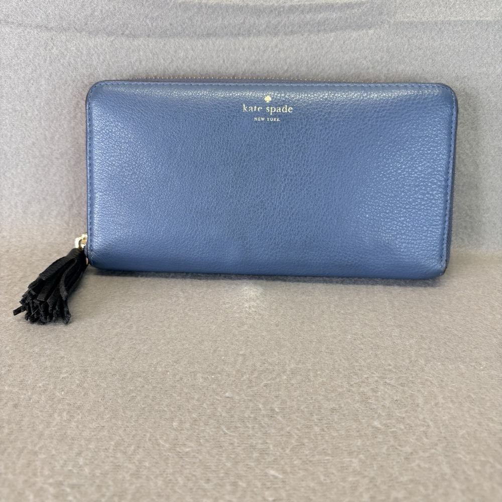 Kate Spade Neda Grey Street WLRU2264 Blue Leather Zip Around Wallet READ